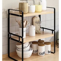 Cabinet Organizers Shelf Spice Rack Kitchen Counter Shelves Kitchen Storage Set of 2 - Beige/Black