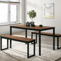  Brand New Industrial Walnut Black Metal 3pc Dining Table Set 
