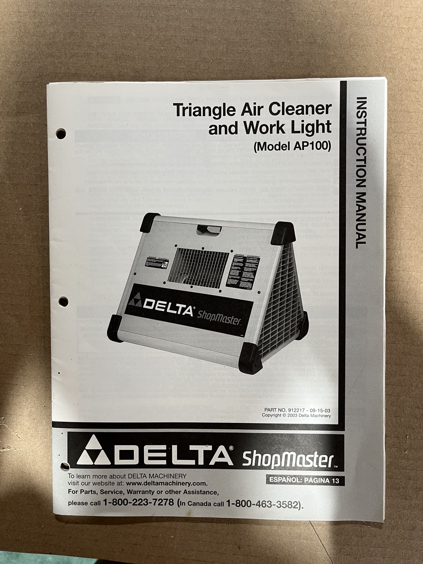 Delta shop air filter Model AP-100