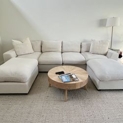 Tatman Linen Blend Sofa Couch with 2 Ottomans Beige/Cream