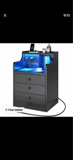 Two Black Nightstands with Outlets and Lights