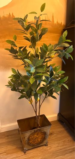 51" Artificial Faux Lemon Citrus Tree in Vintage Decorative Metal Planter