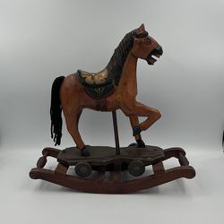 Antique beautiful hand crafted wooden rocking horse With Painted Saddle And thread yarn as horsehair tail 13”x 13” / Vintage Folk Art 
