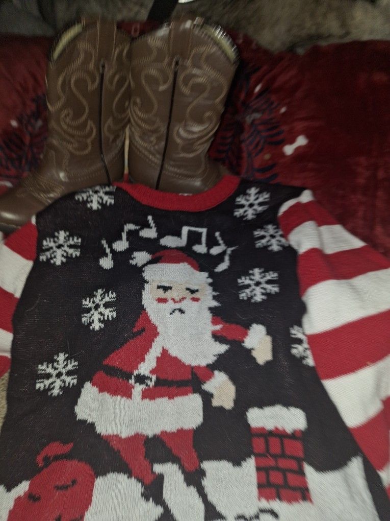 Light Up Childs Santa Sweater And Brown Cowboy Or Girl Boot.