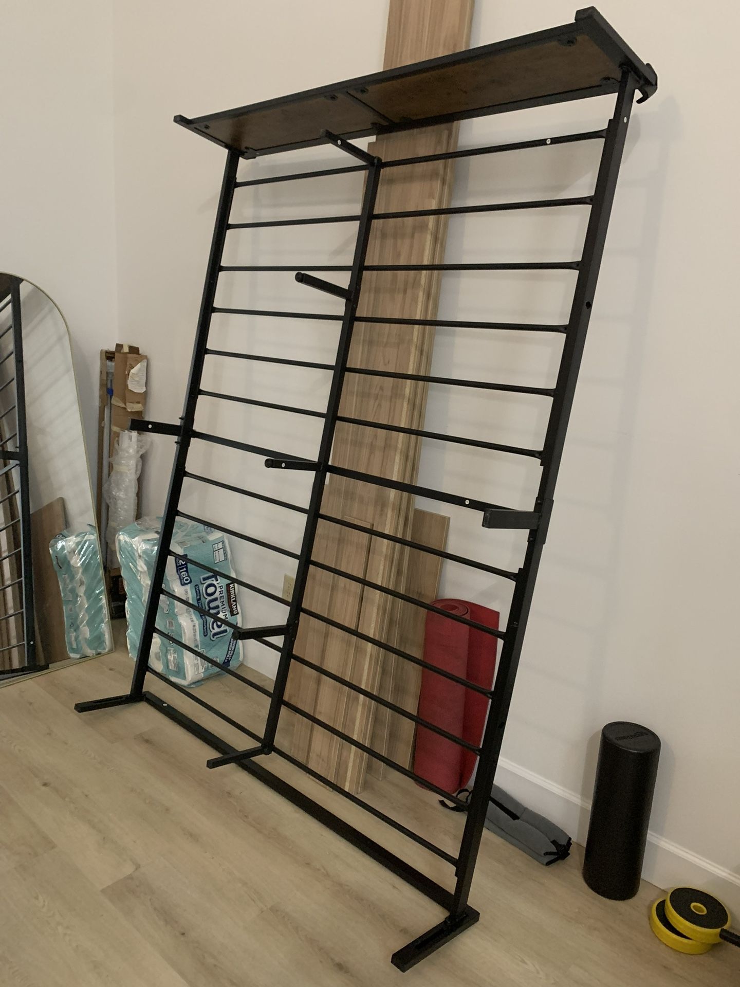 Industrial-Style Metal & Wood Bed Frame With Clean Queen Mattress