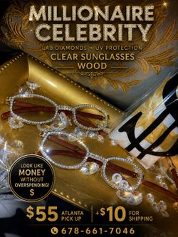 Millionaire Celebrity Lab Stones UV coat clear sunglasses wood. 🥂🤩🥂Look Like Money *One (1) Lightweight Luxe Style *Comes with a white protective c