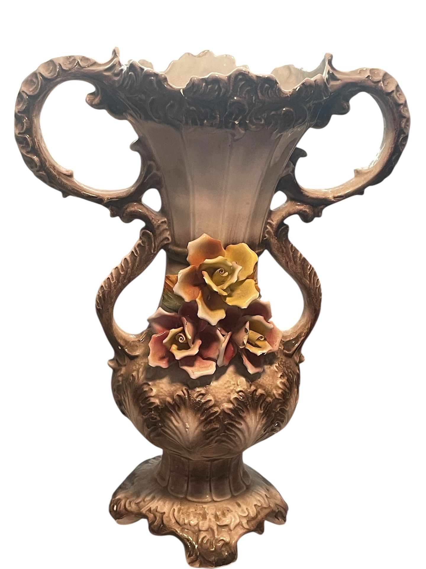 Vintage Porcelain Capodimonte Italian Floral Vase With Three Rosesand Two Handleni