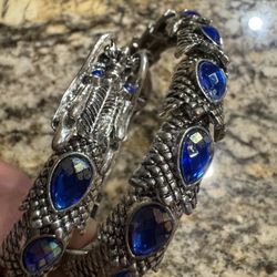 Dragon Bracelet Silver Tone Wrap Style Blue Faceted Lucite Rhinestone