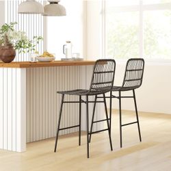 HOMCOM Rattan Counter Height Bar Stools Set of 2, 26" Wicker Barstools with Back, Modern Bar Chairs