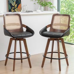 Counter Height Bar Stools, Swivel Counter Stools with Cane Back Natural Bentwood Frame, Rattan Back, Walnut Finish, Faux Leather Upholstered Seat, Cou