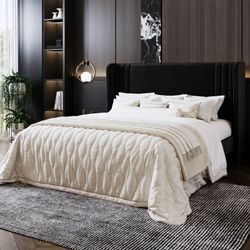Queen Size Bed Frame, Velvet Platform Bed with Upholstered Wingback Headboard, No Box Spring Needed, Black