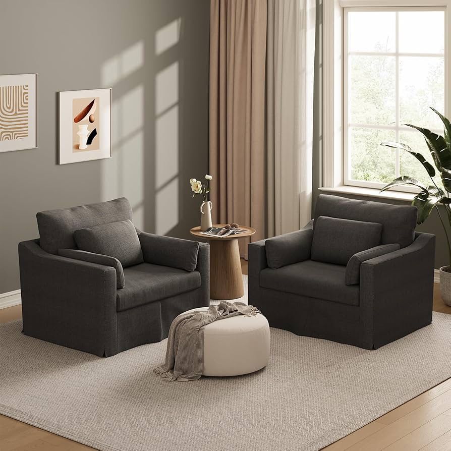 Set of 2, Oversized Accent Chair, 42 Inch Wide Slipcovered Sofa Chair with 3 Throw Pillows, Comfy Re
