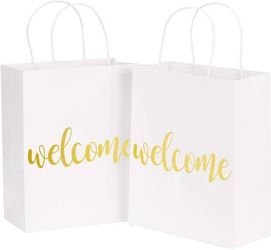LaRibbons Medium Welcome Gift Bags - Gold Foil White Paper Bags with Handles for Wedding, Birthday, Baby Shower - 12 Pack - 8" x 4" x 10"