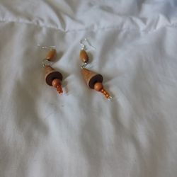 Natural Wood Geometric Beaded Dangle Chandelier Pierced Earrings 2 3/4" charm original
With Orange Beads Circles 
