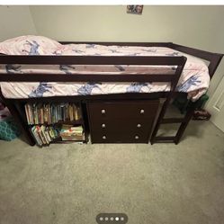 Beautiful Wood Loft, Bed With Pull Out Desk Dresser, As Well As Bookshelf