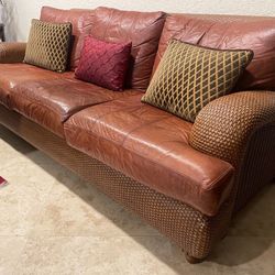 2 Piece Classic Rattan Wicker Sofa and Love Seat With Leather Cushions