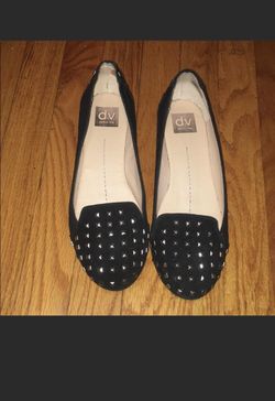 Dolce Vita Black Suede Flats with silver studs, size 9.5, $120. Condition is Pre-owned. Shipped pictures ask questions and make an offer!