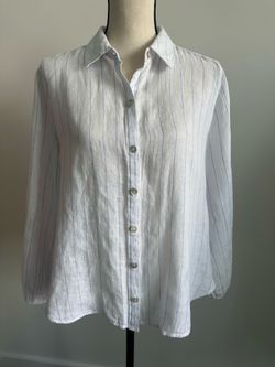 Joie 100% Linen White Blue Pinstripe Button Front Shirt Blouse Size Large