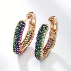 Exquisite Micro Pave 14K Gold Plated Multicolor Cubic Zirconia Women Hoop Earrings 