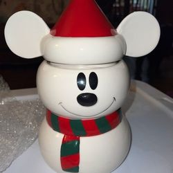 Mickey Mouse Snowman With Scarf Holiday Christmas Disney Cookie Jar Canister