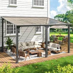 10x14 FT Gazebo Pergola for Patio, Gazebos Pergola on Clearance with Sloped Roof, Hard Top Lean to Gazebo, Large Wall-Mounted Heavy Duty Awnings for P