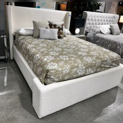 White Boucle fabric platform King bed frame