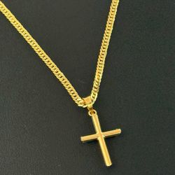 14k solid yellow gold curb 16” 2mm chain necklace & 10k gold cross pendant charm