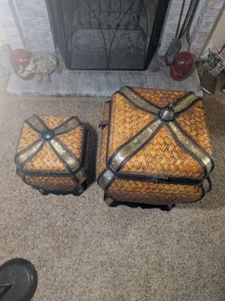Vintage Woven Rattan Ginger Jar Pair - Embossed Brass Straps, 27in & 14in - Boho Chinoiserie Decor