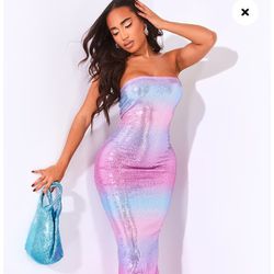 NWT PRETTYLITTLETHING Shape Multi Ombre Sequin Bandeau Maxi Dress, Size US 4 & 6