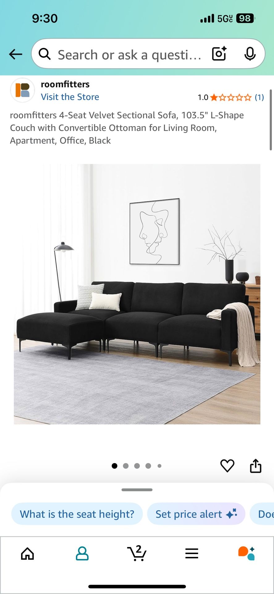 Black Velvet/Fabric Sofa (without ottoman)
