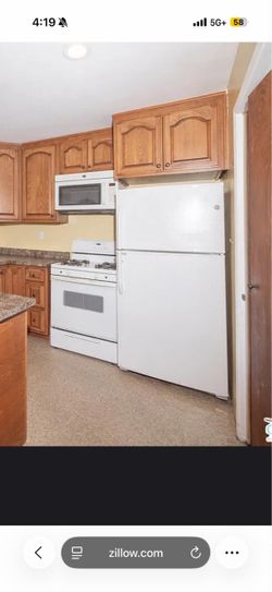 Refrigerator microwave stove, bed, dresser nightstands TV stand