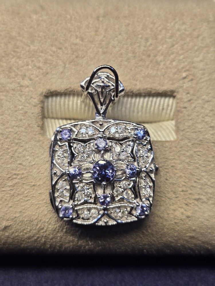 One 14k White Gold  Diamond And Tanzanite Square Shaped Locket Pendant 