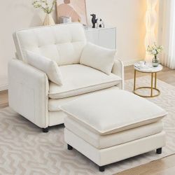 Upholstered Chenille Oversized Accent Armchairs with Ottoman and Side Pocket - Cream