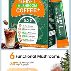 Mushroom Coffee with Collagen, Vitamins & Minerals, 6 Adaptogenic Mushrooms - Lion’s Mane, Reishi, Chaga & More, Organic Instant Coffee for Energy, Fo
