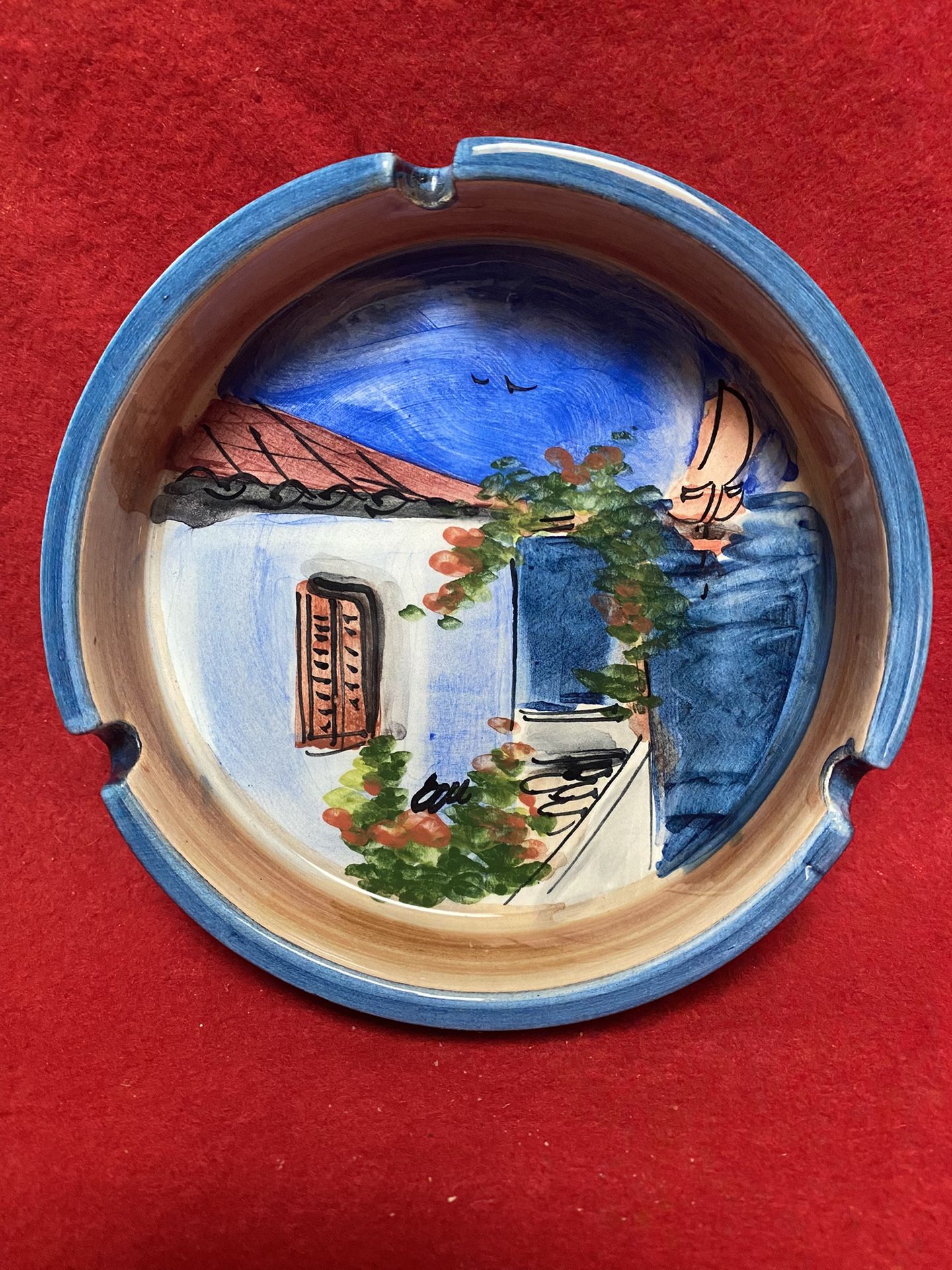 5.25 Inch Handmade Hand Painted Blue Ceramic Greek Ashtray Imported From Greece