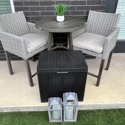 Patio Bistro Set with Cushions, Storage Bin, and Lanterns