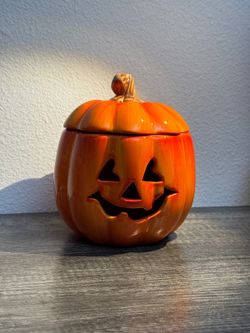 Ceramic Jack O Lantern Pumpkin Luminary Candle Holder w/Lid Halloween Decor