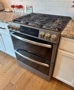 GE Profile Double Oven Gas Range and Microwave Set