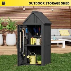 63inch Outdoor Storage Shed with Door & Shelf - Large Weatherproof Garden Tool Cabinet with Hooks for Backyard, Patio & Lawn (Black)