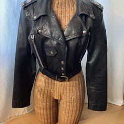1980s Black Leather Jacket Women's Cropped Waist with Cinch Belt and Padded Shoulders