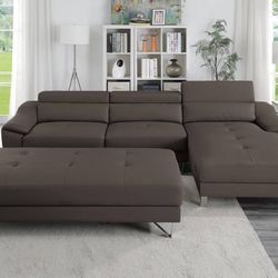 Brand New Espresso Leather Modern Style Sectional Sofa w Ottoman