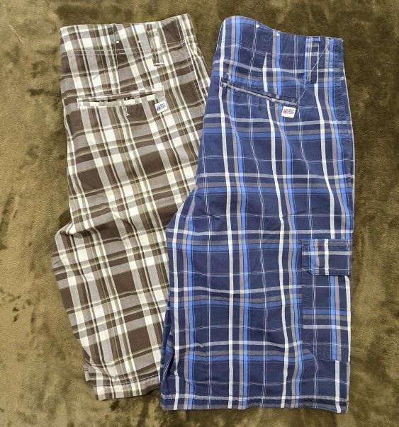 Men's Pacific Blue Lightweight Plaid Cargo Shorts 2 Pairs Brown Blue Size 32