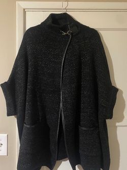 Lauren Conrad Shimmer Knit Cape Poncho Sweater Black Faux Leather Trim