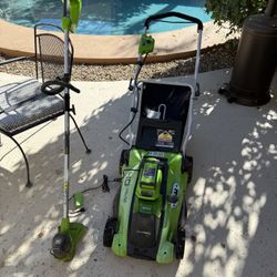 Greenworks 20 Volt Mower 16 Inch And 12 Inch Trimmer  Battery Powered 