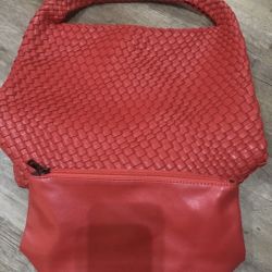Red Leather Braided Woven Handbag Tote Mesh