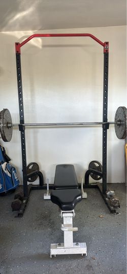 Power Rack with Barbell, Weights, and Bench