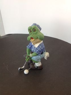 Ceramic frog with Blue hat and shirt playing golf