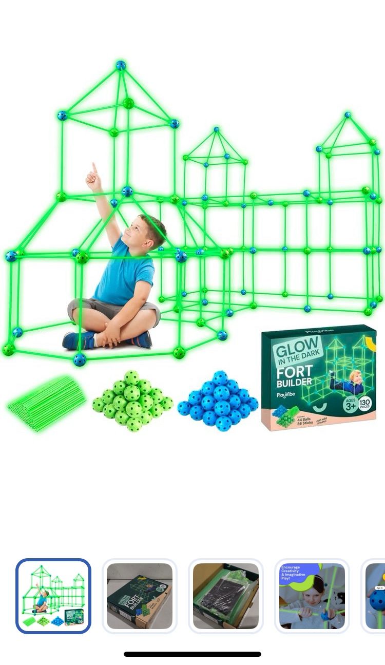🌟 For Sale: PLAYVIBE 130-Piece Glow-in-the-Dark Kids Fort Building Kit Build Indoor/Outdoor Air Forts | STEM Toy for Creativity & Imagination