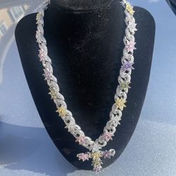 White Gold Silver Flower Cross Necklace  Chain | 20inch 