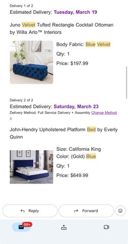 Cali King Blue Velvet Bed, mattress and Ottoman